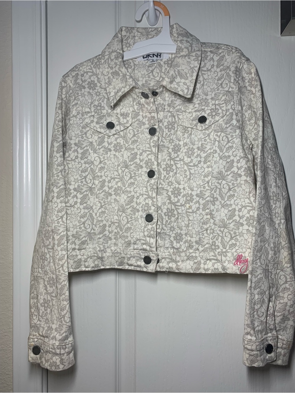 DKNY Girls’ Cream Floral Cropped Jean Jacket with Gray Buttons